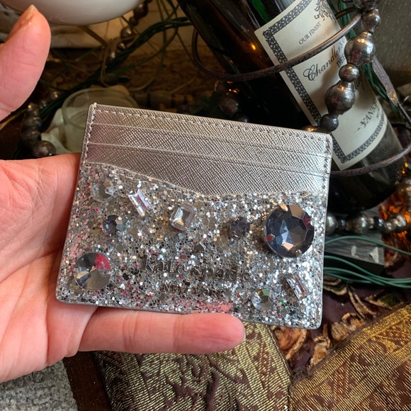 Authentic KATE SPADE Metallic leather/glitter fabric crystals card case - Picture 9 of 11